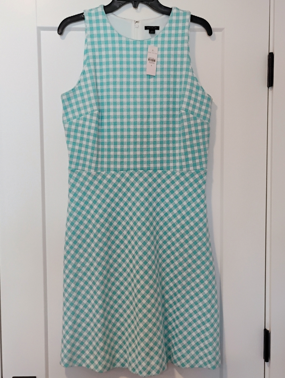 NWT 6 Ann Taylor Aqua And White Check Plaid Sleeveless A-Line Dress NEW